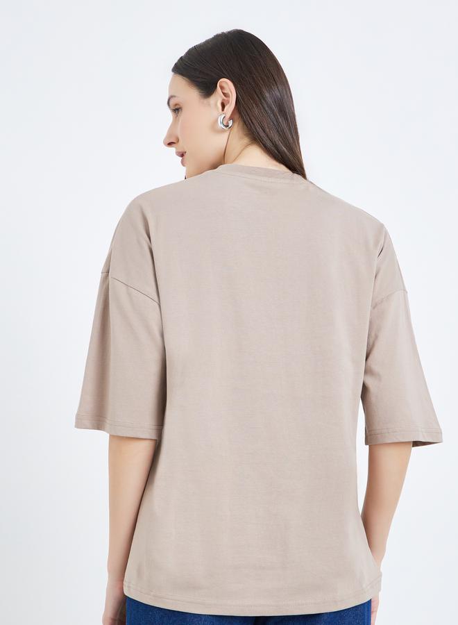 Styli Women Beige Embroidered Oversized T-Shirt - Image 4